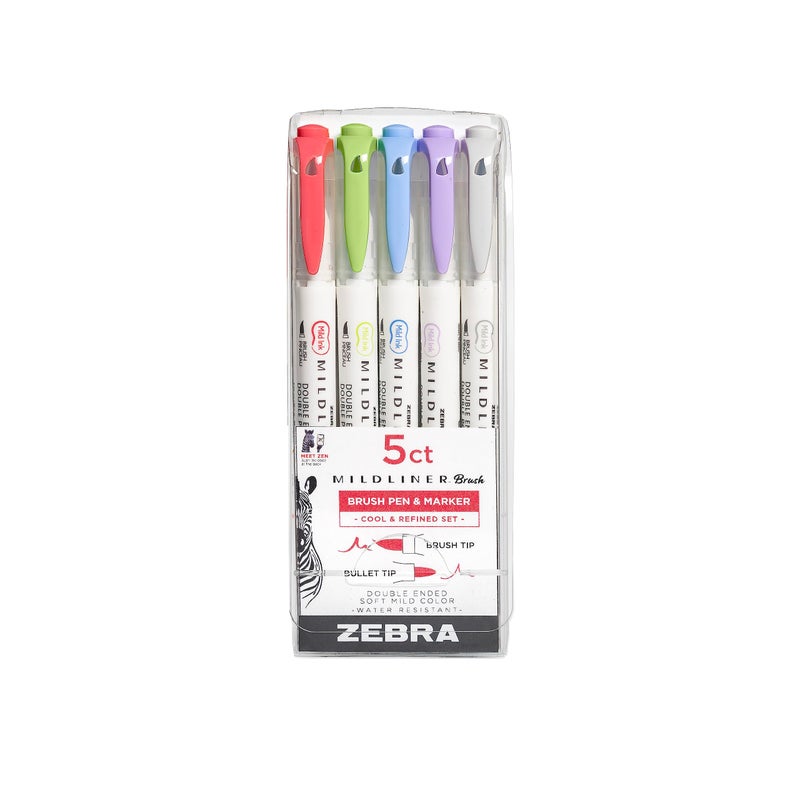 Zebra Pen Mildliner Double-Ended Brush Marker, Paint Brush-Like Tip and Fine Tip Marker Pen, Ideal for Creating Thick or Thin Strokes, No Bleed, Assorted Cool and Refined Colors, 5-Pack (79205) - Image 1